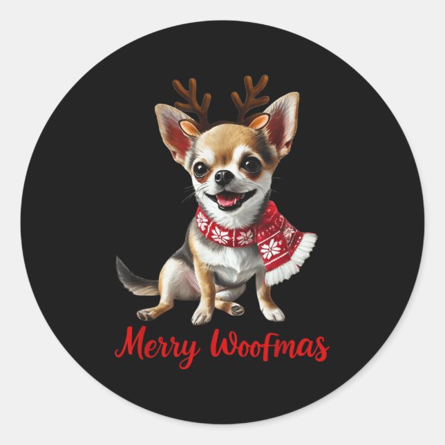 Merry Woofmas Chihuahua Dog Meme In Reindeer Antle Classic Round Sticker (Front)