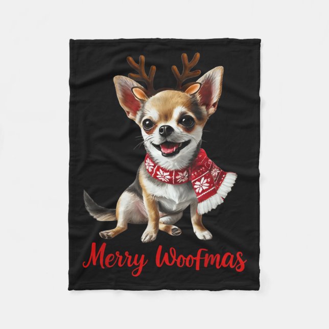 Merry Woofmas Chihuahua Dog Meme In Reindeer Antle Fleece Blanket (Front)