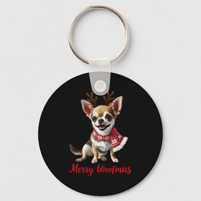 Merry Woofmas Chihuahua Dog Meme In Reindeer Antle Key Ring (Front)