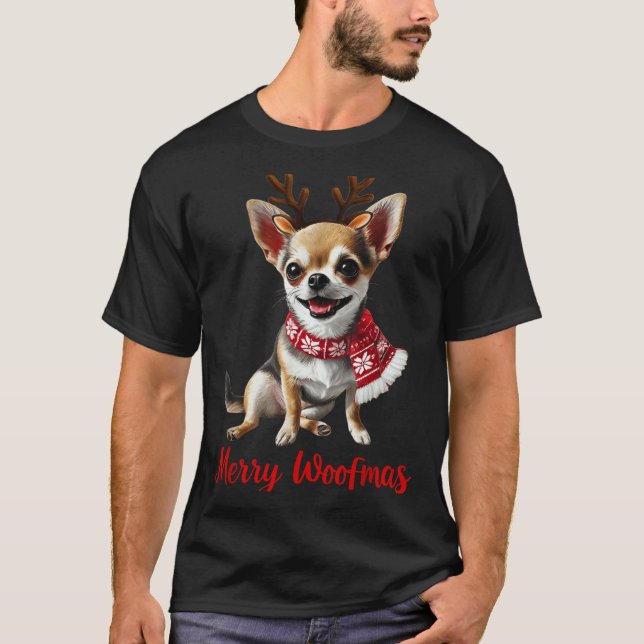 Merry Woofmas Chihuahua Dog Meme In Reindeer Antle T-Shirt (Front)