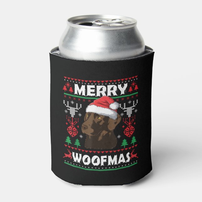 Merry Woofmas Chocolate Christmas Labrador Lover Can Cooler (Can Front)
