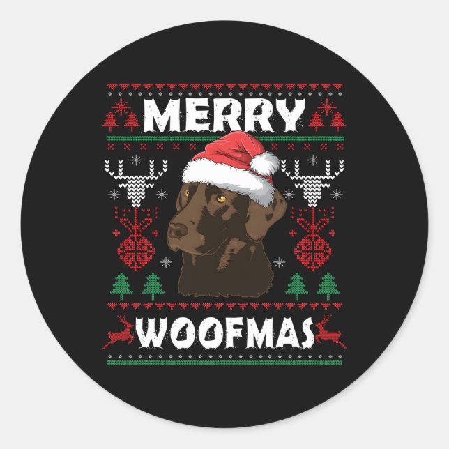 Merry Woofmas Chocolate Lab Labrador Classic Round Sticker (Front)