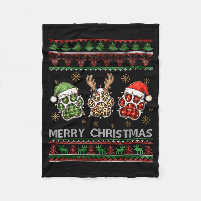 Merry Woofmas Christmas Dog Paws Leopard Ugly Swea Fleece Blanket (Front)