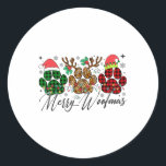 Merry Woofmas Christmas Dog Paws Lights Buffalo Pl Classic Round Sticker<br><div class="desc">Merry Woofmas Christmas Dog Paws Lights Buffalo Plaid Women _1</div>