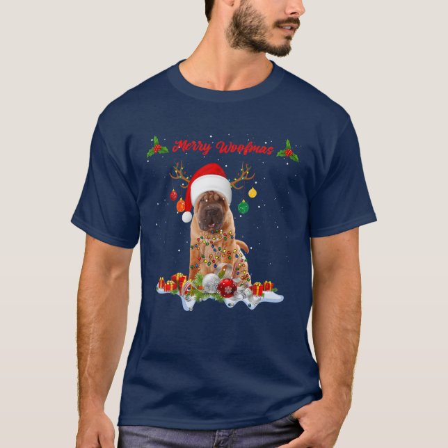 Merry Woofmas Christmas Santa Reindeer Shar Pei T-Shirt (Front)