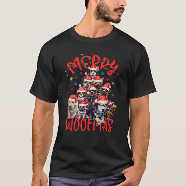 Merry Woofmas Cute Dog Lover Christmas Lights Tree T-Shirt (Front)