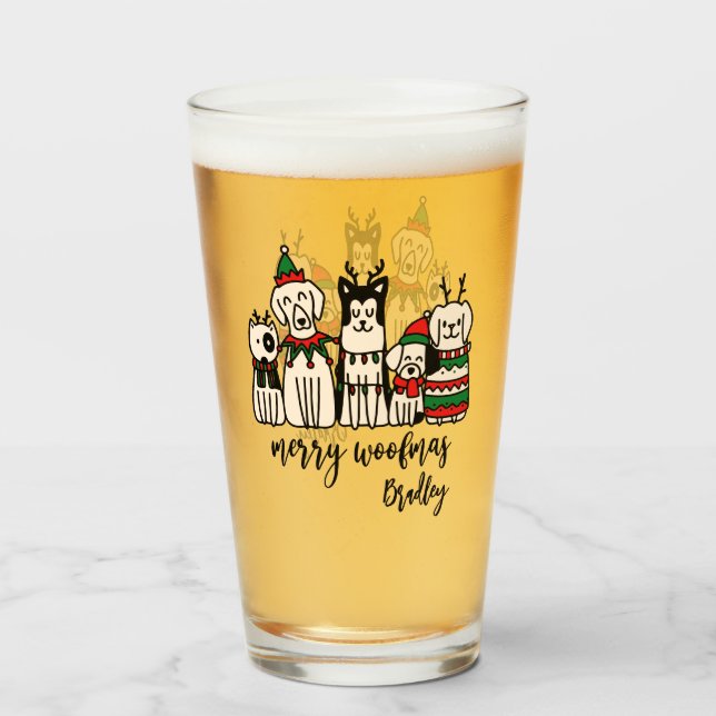 Merry Woofmas Cute Dogs Christmas Custom Name Glass (Front Filled)