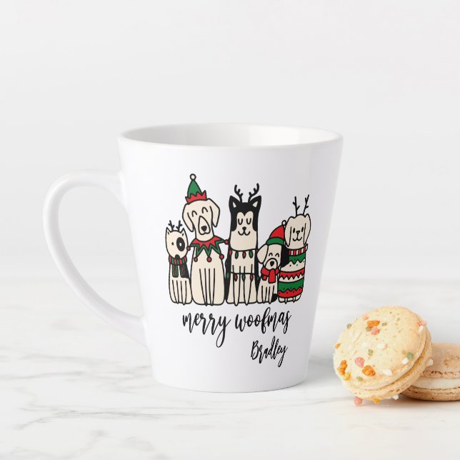 Merry Woofmas Cute Dogs Christmas Custom Name Latte Mug (In Situ)