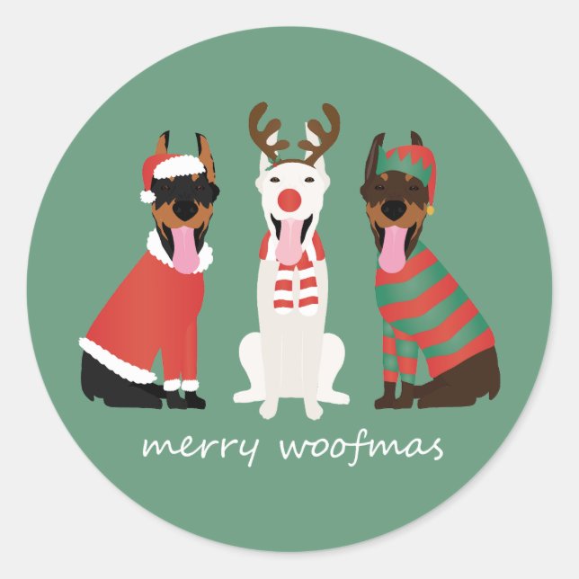 Merry Woofmas Dobermann Christmas Dogs Classic Round Sticker (Front)
