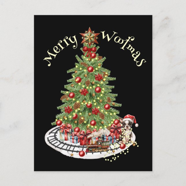 Merry Woofmas Dog Design- Boston Terrier Postcard (Front)