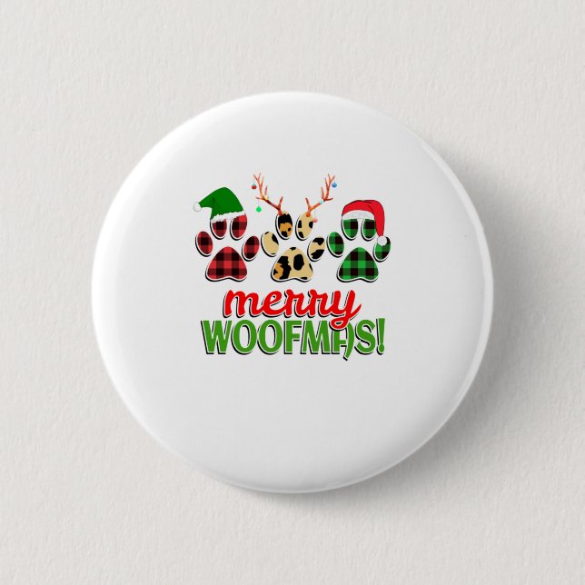 MERRY WOOFMAS Dog Paw Christmas Buffalo 6 Cm Round Badge (Front)