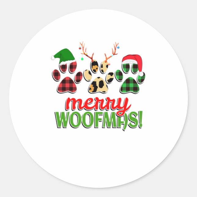 MERRY WOOFMAS Dog Paw Christmas Buffalo Classic Round Sticker (Front)