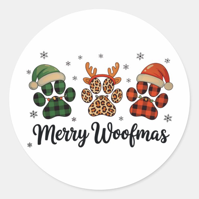 Merry Woofmas Dog Paw Christmas Cute Xmas Lights Classic Round Sticker (Front)