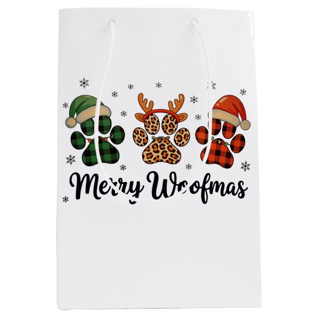 Merry Woofmas Dog Paw Christmas Cute Xmas Lights Medium Gift Bag (Front)