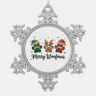 Merry Woofmas Dog Paw Christmas Cute Xmas Lights Snowflake Pewter Christmas Ornament