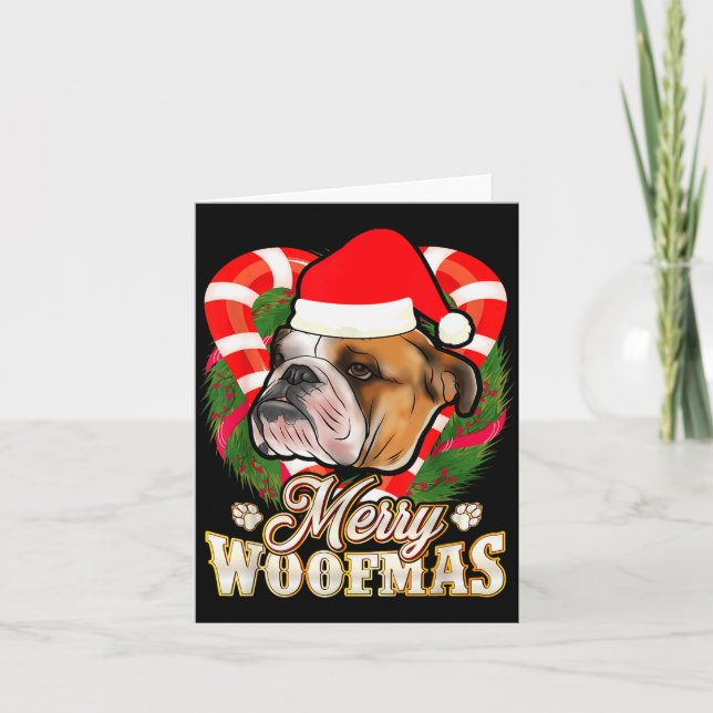 Merry Woofmas English Bulldog With Santa Claus Hat Card (Front)