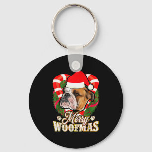 Merry Woofmas English Bulldog With Santa Claus Hat Key Ring