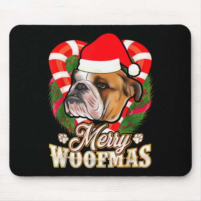 Merry Woofmas English Bulldog With Santa Claus Hat Mouse Mat (Front)