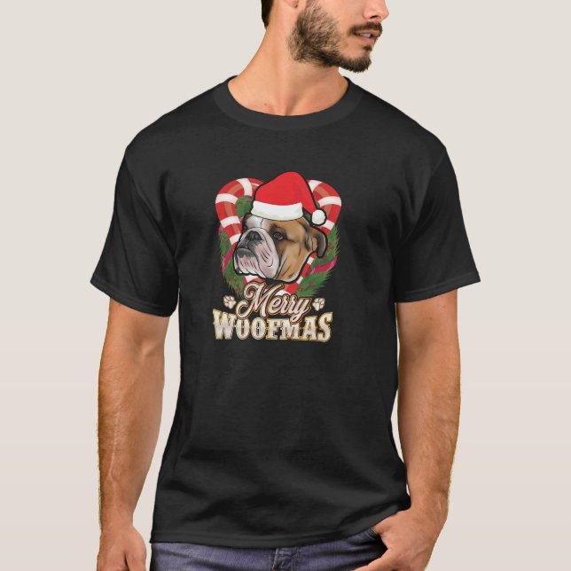 Merry Woofmas English Bulldog With Santa Claus Hat T-Shirt (Front)