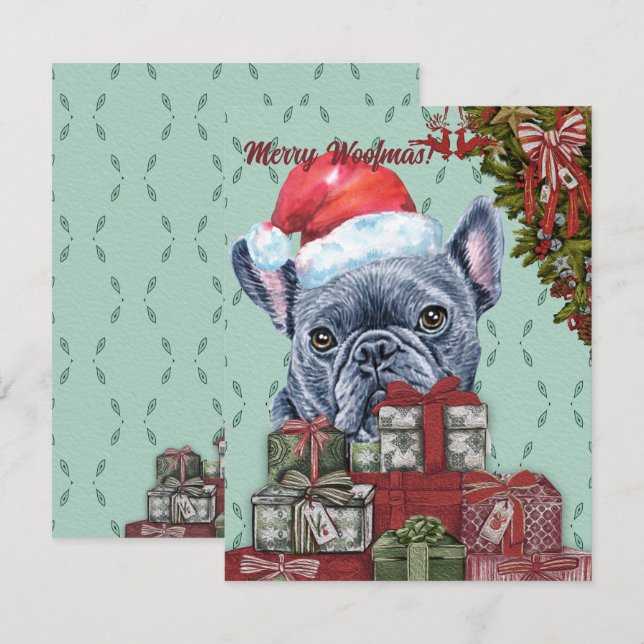 Merry Woofmas! French Bulldog Santa Hat Christmas Card (Front/Back)