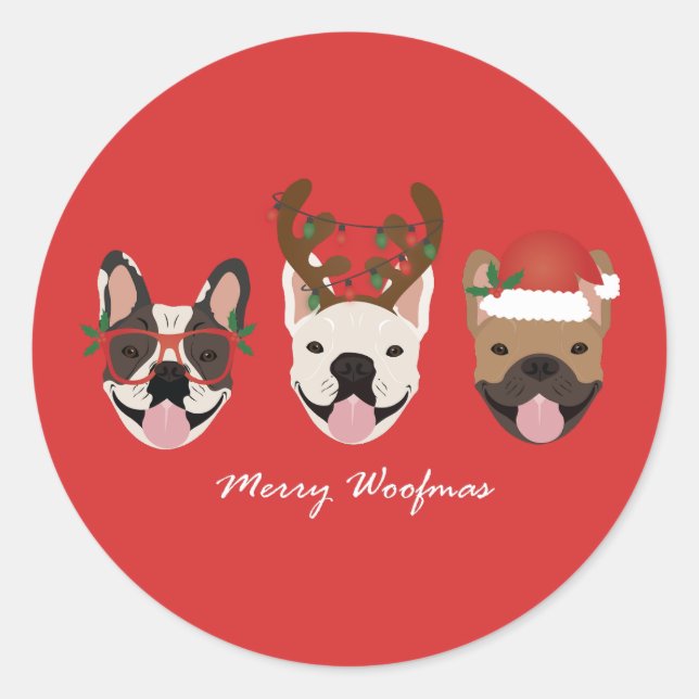 Merry Woofmas French Bulldogs Christmas Heads Classic Round Sticker (Front)