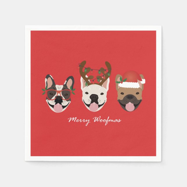 Merry Woofmas French Bulldogs Christmas Heads Napkin (Front)