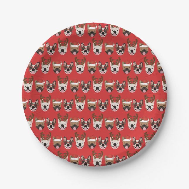 Merry Woofmas French Bulldogs Christmas Heads Paper Plate (Front)