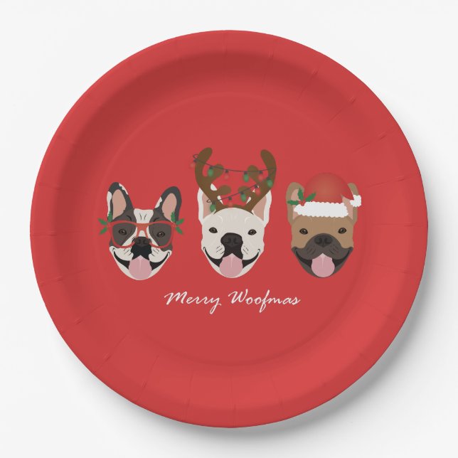 Merry Woofmas French Bulldogs Christmas Heads Paper Plate (Front)