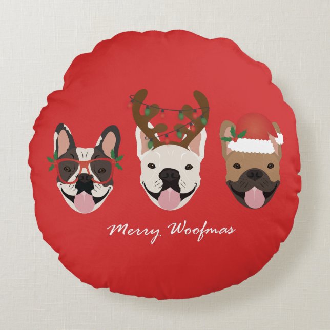 Merry Woofmas French Bulldogs Christmas Heads Round Cushion (Front)