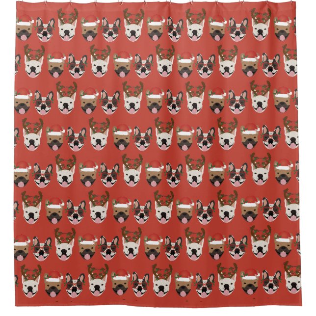 Merry Woofmas French Bulldogs Christmas Heads Shower Curtain (Front)