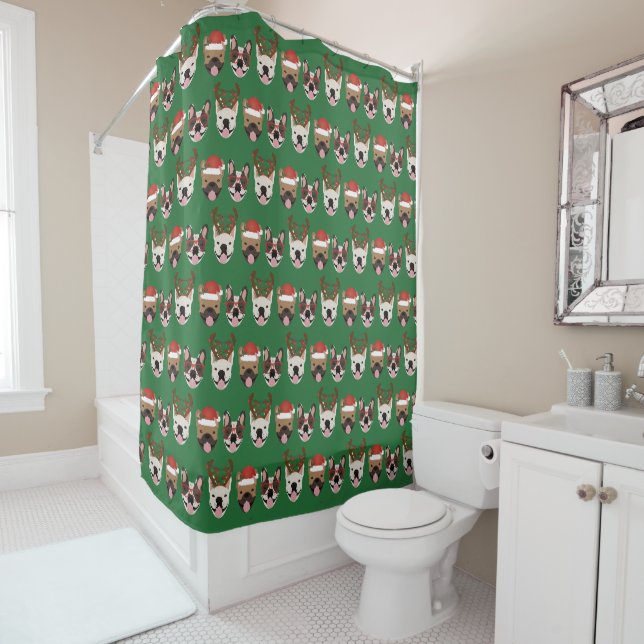 Merry Woofmas French Bulldogs Christmas Heads Shower Curtain (In Situ)