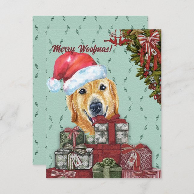 Merry Woofmas Golden Retriever Santa Hat Christmas Card (Front/Back)