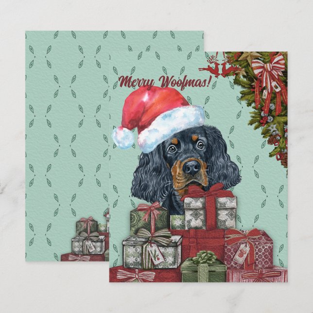 Merry Woofmas! Gordon Setter Santa Hat Christmas Card (Front/Back)