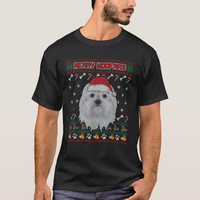 Merry Woofmas Maltese Christmas Dog Ugly Xmas Swea T-Shirt (Front)