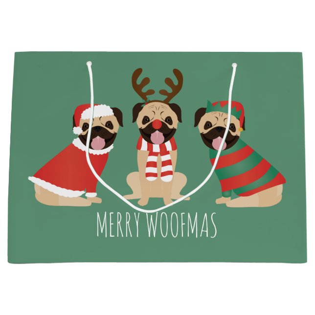 Merry Woofmas Pug Dogs Large Gift Bag (Front)