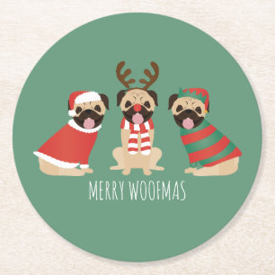 Merry Woofmas Pug Dogs Round Paper Coaster