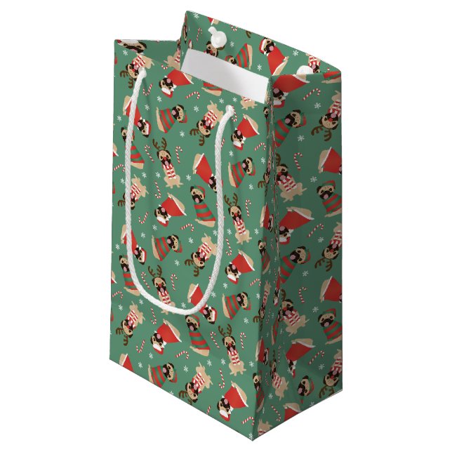 Merry Woofmas Pug Dogs Small Gift Bag (Front Angled)