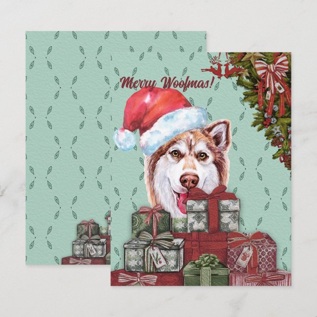 Merry Woofmas! Red Husky Santa Hat Christmas Gift Card (Front/Back)