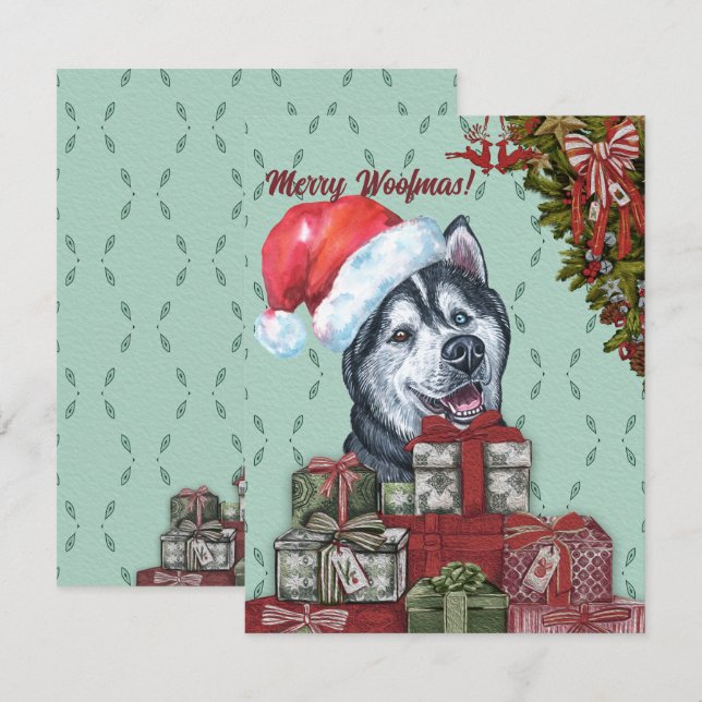 Merry Woofmas! Siberian Husky Santa Hat Christmas Card (Front/Back)