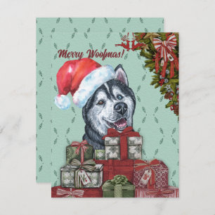 Merry Woofmas! Siberian Husky Santa Hat Christmas Card