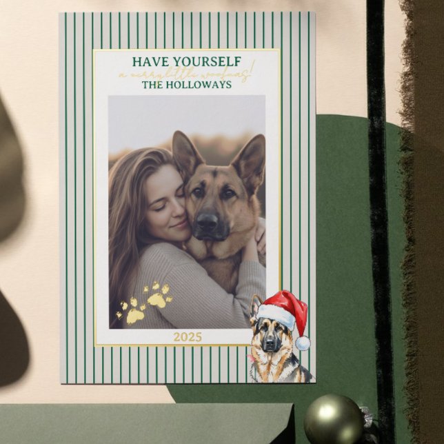 Merry Woofmas Watercolor German Shepherd Foil Holiday Card (Send Paw-liday Greetings with this Merry Woofmas Watercolor German Shepherd Foil Holiday Card! )