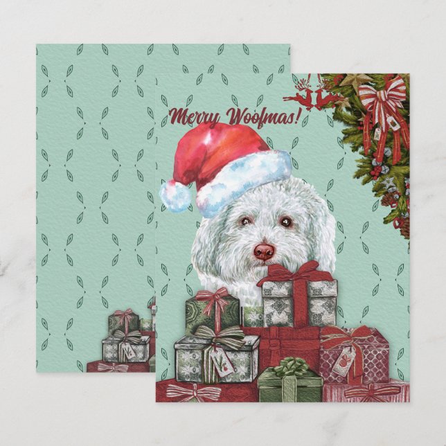 Merry Woofmas! White Poodle Santa Hat Christmas Card (Front/Back)