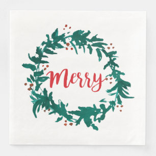 Merry Wreath Berry Red Script Christmas Napkin