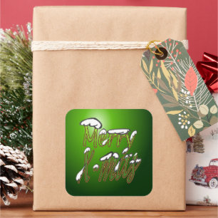 Merry X-mas Green Lettering Square Stickers