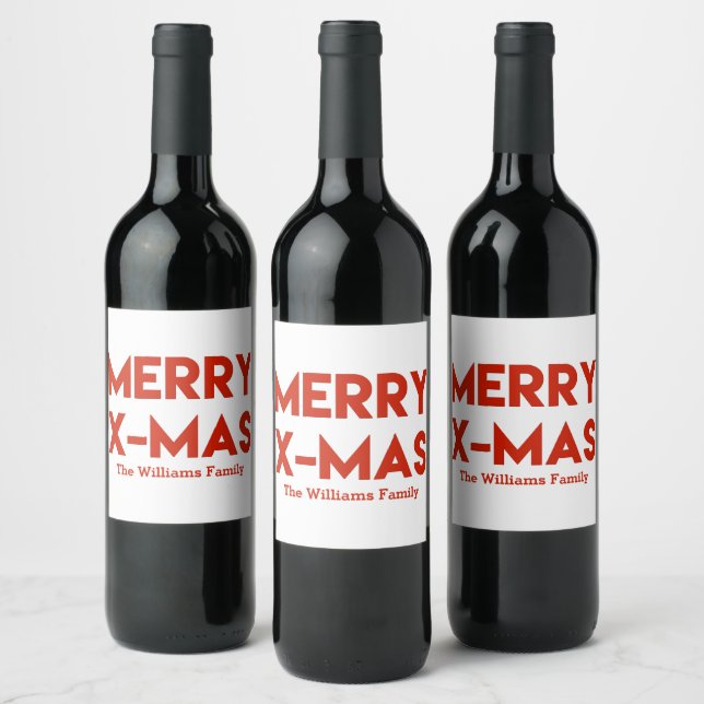 Merry X-Mas, Modern Red Typography Christmas Wine Label (Bottles)