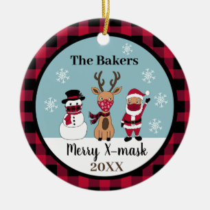 Merry X-Mask Funny Buffalo Plaid Check Santa Ceramic Tree Decoration