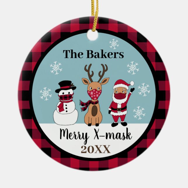 Merry X-Mask Funny Buffalo Plaid Check Santa Ceramic Tree Decoration (Front)