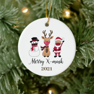 Merry X-Mask Funny Buffalo Plaid Santa Ceramic Tree Decoration