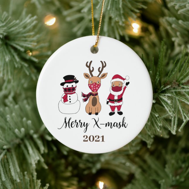 Merry X-Mask Funny Buffalo Plaid Santa Ceramic Tree Decoration (Tree)