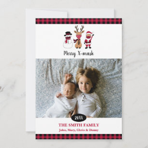 Merry X-Mask Funny Buffalo Plaid Santa Holiday Card